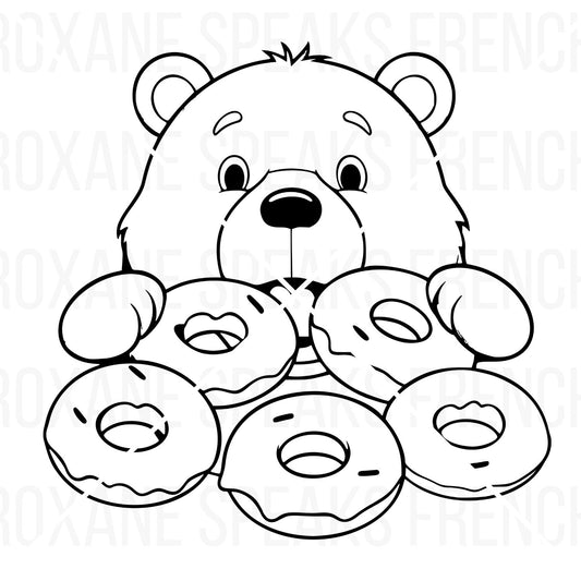 Outline vector illustration of a teddy bear holding and eating donuts, designed for easy use in SVG crafting projects.