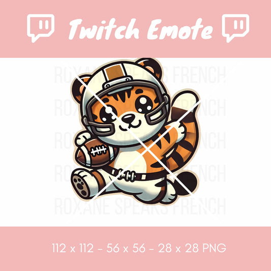 A cartoon tiger in a football helmet holding a football, designed as a Twitch emote for game day streams