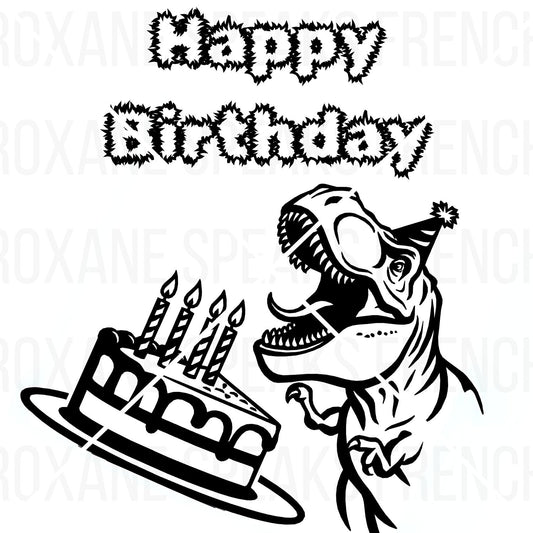 T-Rex dinosaur birthday printable coloring page featuring a cartoon T-Rex with party hat, cake, and 'Happy Birthday' text