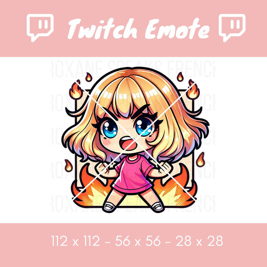  Chibi-style angry girl Twitch emote featuring a vibrant cartoon design. The emote shows a fiery expression, bold anime-inspired eyes, and dynamic flames in the background. Sized for Twitch and Discord in 112x112, 56x56, and 28x28 dimensions.