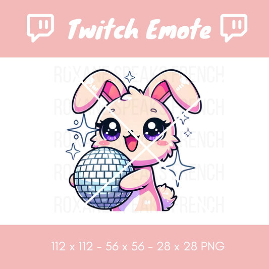 A kawaii Twitch bunny emote depicting a cute bunny holding a shiny silver disco ball, featuring big expressive eyes and adorned in pink accents.
