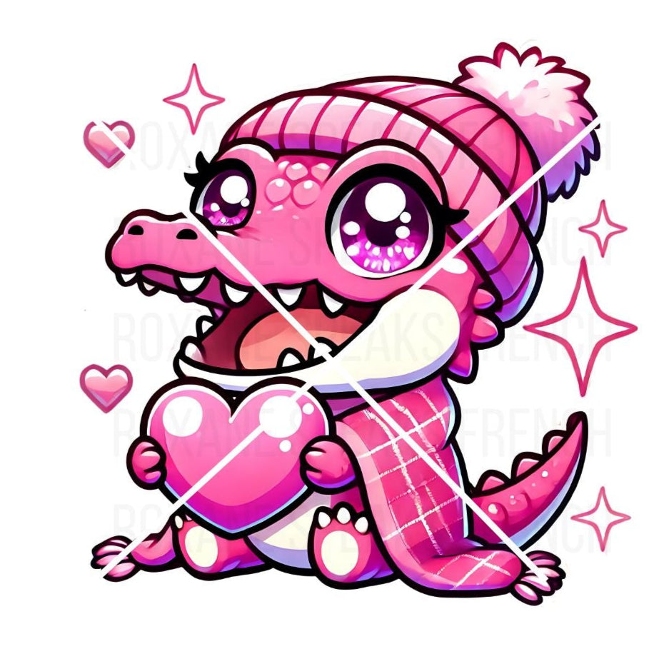 Adorable pink crocodile Twitch emote, wearing a cozy winter hat and clutching a heart, designed to enhance engagement during live streams. Available in multiple resolutions: 112x112, 56x56, and 28x28 pixels, perfect for expressing love and warmth on stream.