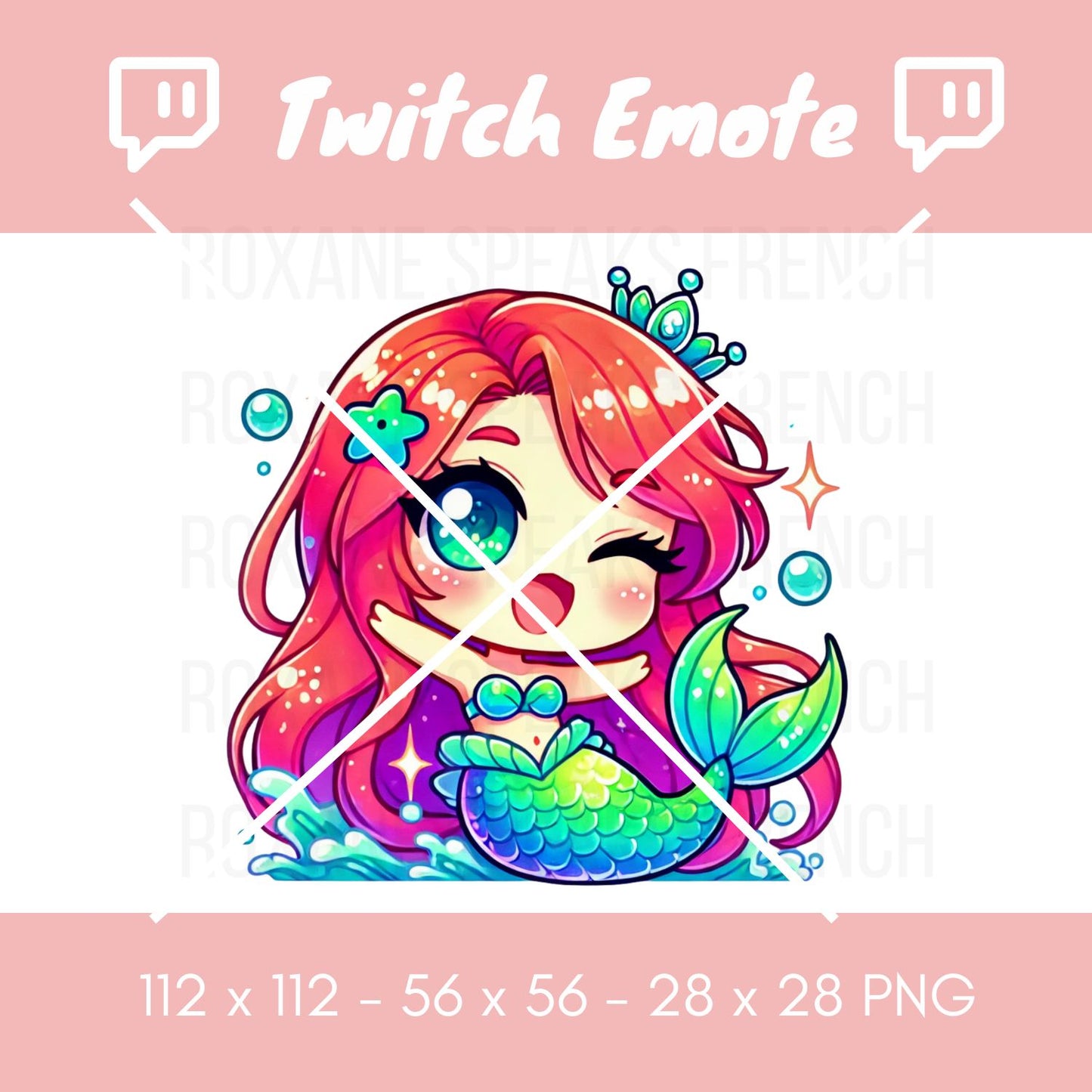 A colorful Twitch emote displaying a cute mermaid with red hair and a green tail, adorned with a tiara, surrounded by bubbles, designed for use in Twitch chats at sizes 112x112, 56x56, and 28x28 pixels.