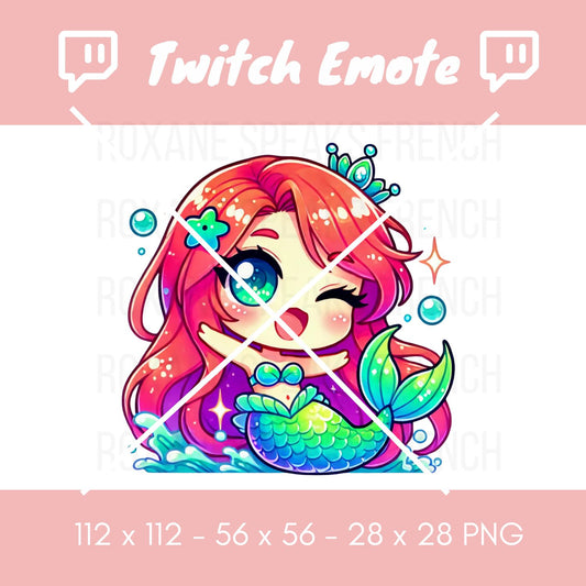 A colorful Twitch emote displaying a cute mermaid with red hair and a green tail, adorned with a tiara, surrounded by bubbles, designed for use in Twitch chats at sizes 112x112, 56x56, and 28x28 pixels.