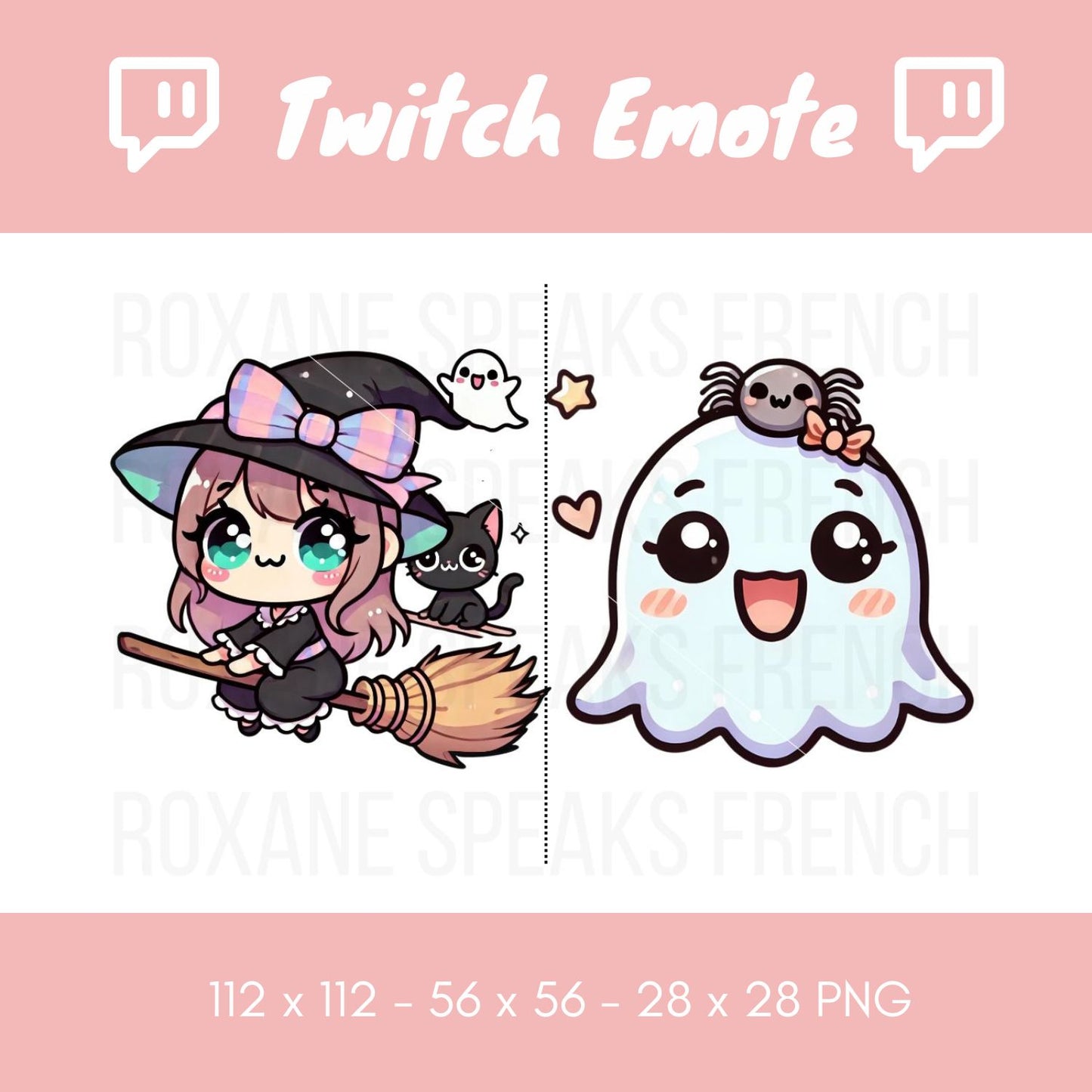 Twitch Halloween bundle emote featuring a kawaii witch on a broom with a black cat, and a cute ghost with a bow, adding a playful and spooky charm to any stream