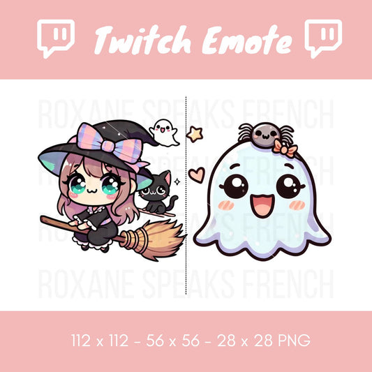 Twitch Halloween bundle emote featuring a kawaii witch on a broom with a black cat, and a cute ghost with a bow, adding a playful and spooky charm to any stream