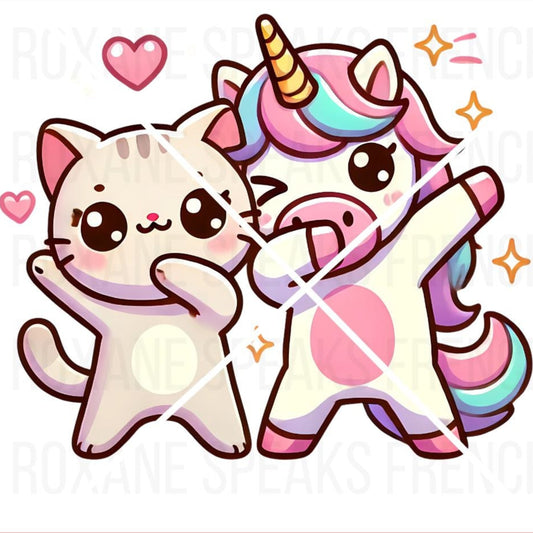 A playful Twitch emote featuring a cute cat and a whimsical unicorn performing a dab, surrounded by hearts and sparkles, perfect for livening up any stream