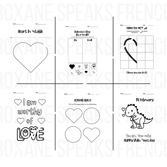 This image features a collection of six black and white Valentine's Day-themed printable activity sheets for children. The pages include various educational and creative exercises such as a heart-shaped template for drawing or crafting, a customizable greeting card featuring a cat holding a heart-shaped balloon, cutting practice with straight lines and simple shapes, and a sorting activity that challenges kids to categorize items as 'big' or 'small'. 