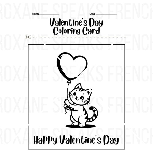 "Printable Valentine's Day coloring card featuring a cheerful cartoon cat holding a heart-shaped balloon. The top of the card includes a section for the student's name and date, and is titled 'Valentine's Day Coloring Card.'