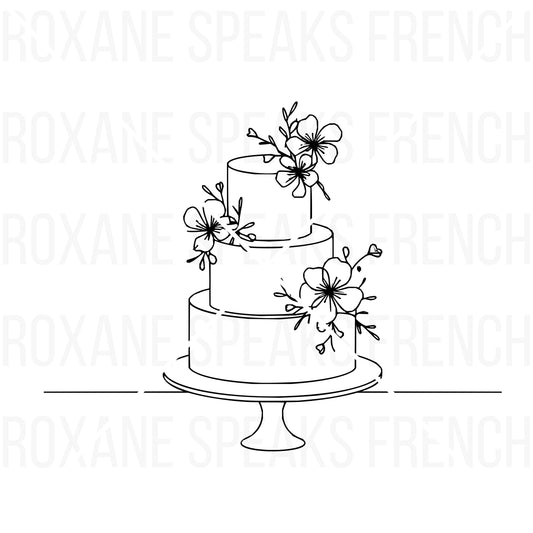 A simple outline of a three-tier wedding cake adorned with delicate flowers and leaves, designed as a wedding cake coloring page for creative activities and wedding-themed fun.