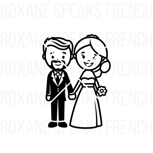 A wedding couple coloring page featuring a smiling bride holding a bouquet and a groom with a stylish beard, both dressed in wedding attire, designed for fun and creative activities.