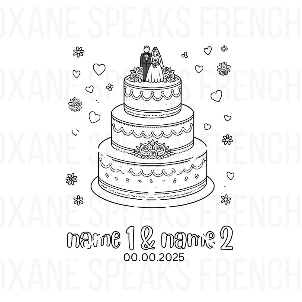 Wedding cake coloring page with customizable names and date, adorned with flowers, hearts, and a bride and groom topper