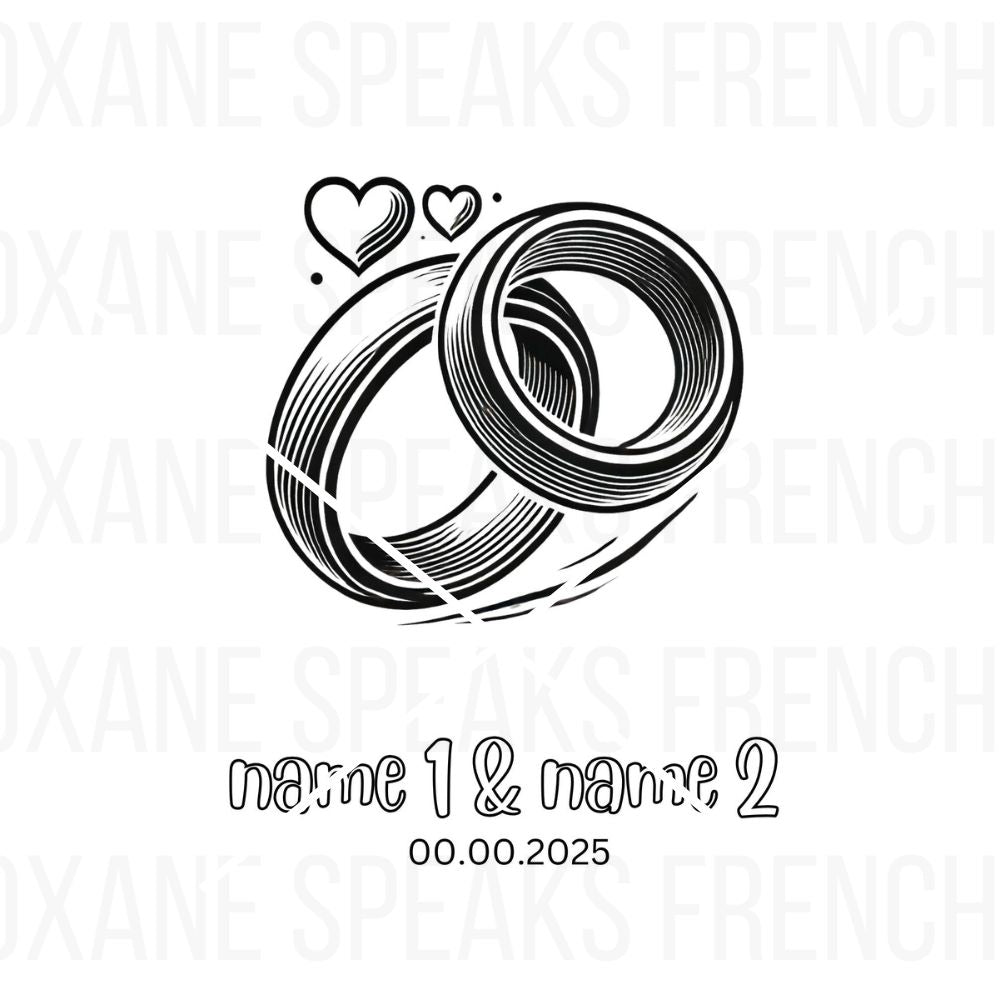 Wedding rings coloring page with customizable names and date, featuring two interlocking rings and heart accents
