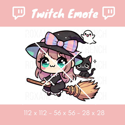 Cute witch Twitch emote featuring a pink-haired witch with a broom, black cat, and ghost companion. Perfect for streamers looking to add a whimsical and magical vibe to their Twitch or Discord chats. Includes transparent background and optimized sizes.
