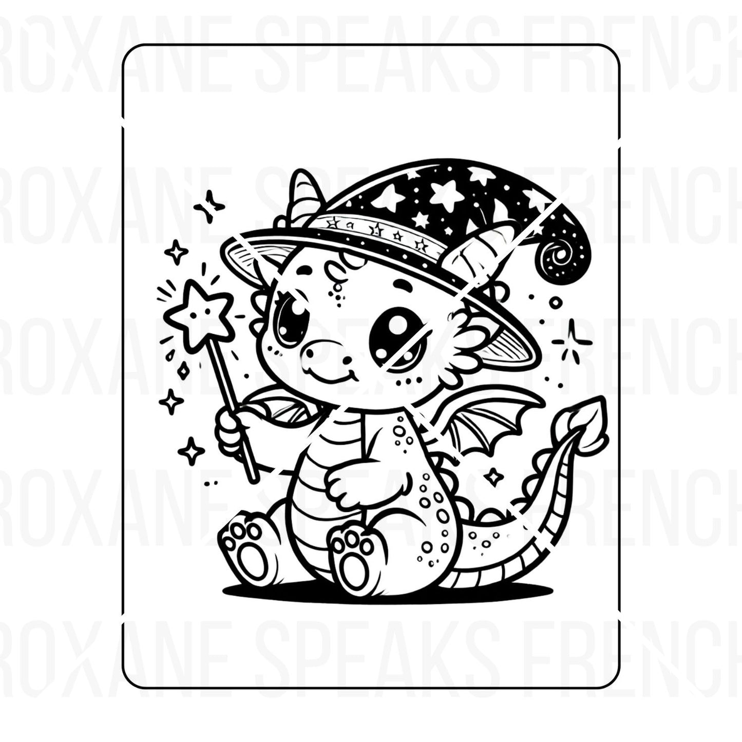 A whimsical coloring page of a dragon dressed as a witch, holding a magic wand and wearing a starry hat