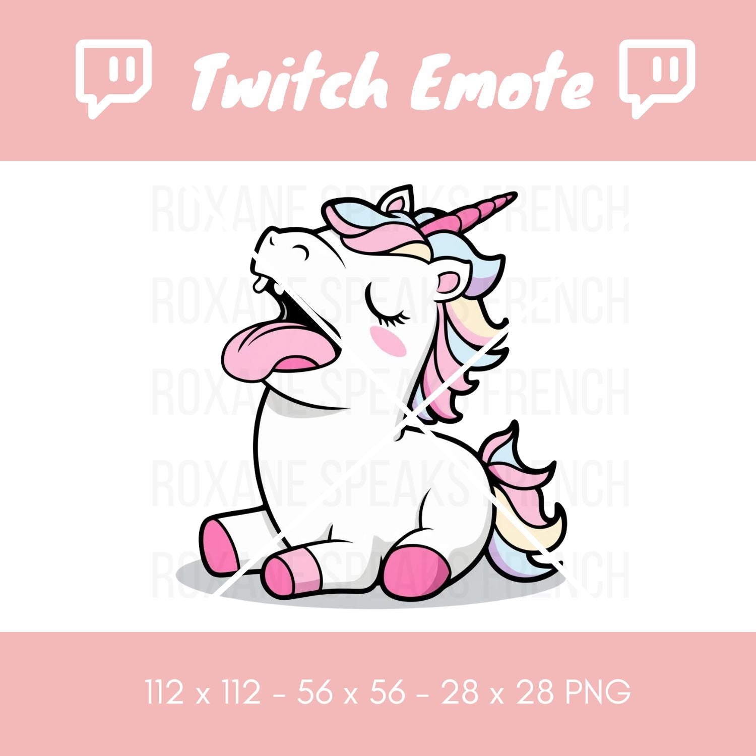 Charming Twitch emote of a yawning unicorn, perfect for streamers to express tiredness or wind-down moments. This cute unicorn features a pastel-colored mane and is depicted in mid-yawn, ideal for enhancing late-night gaming sessions. 