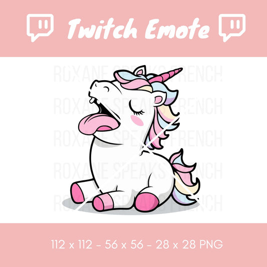 Charming Twitch emote of a yawning unicorn, perfect for streamers to express tiredness or wind-down moments. This cute unicorn features a pastel-colored mane and is depicted in mid-yawn, ideal for enhancing late-night gaming sessions. 
