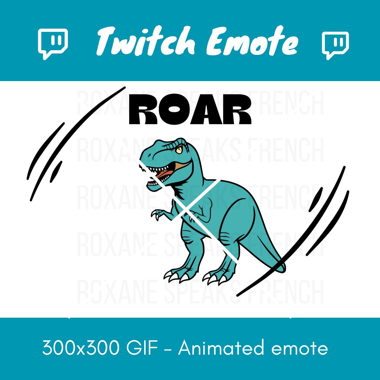 Animated Twitch emote featuring a roaring T-Rex dinosaur in a bold and dynamic design, with expressive motion lines and the text 'ROAR' above. Perfect for adding excitement and personality to Twitch streams or Discord chats.