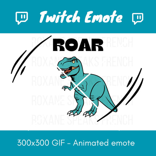 Animated Twitch emote featuring a roaring T-Rex dinosaur in a bold and dynamic design, with expressive motion lines and the text 'ROAR' above. Perfect for adding excitement and personality to Twitch streams or Discord chats.
