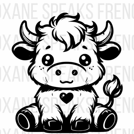 Baby Cow SVG featuring a detailed hand-drawn outline of a cute sitting cow with big expressive eyes, perfect for crafting and DIY projects.