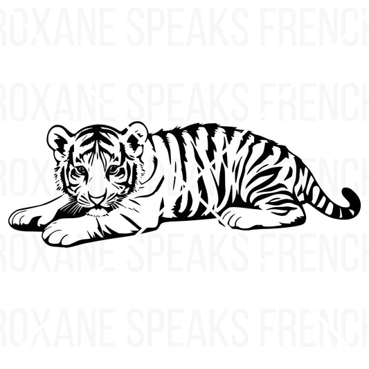 Realistic Baby Tiger Cub Clipart - Black & White - SVG & PNG Files Included