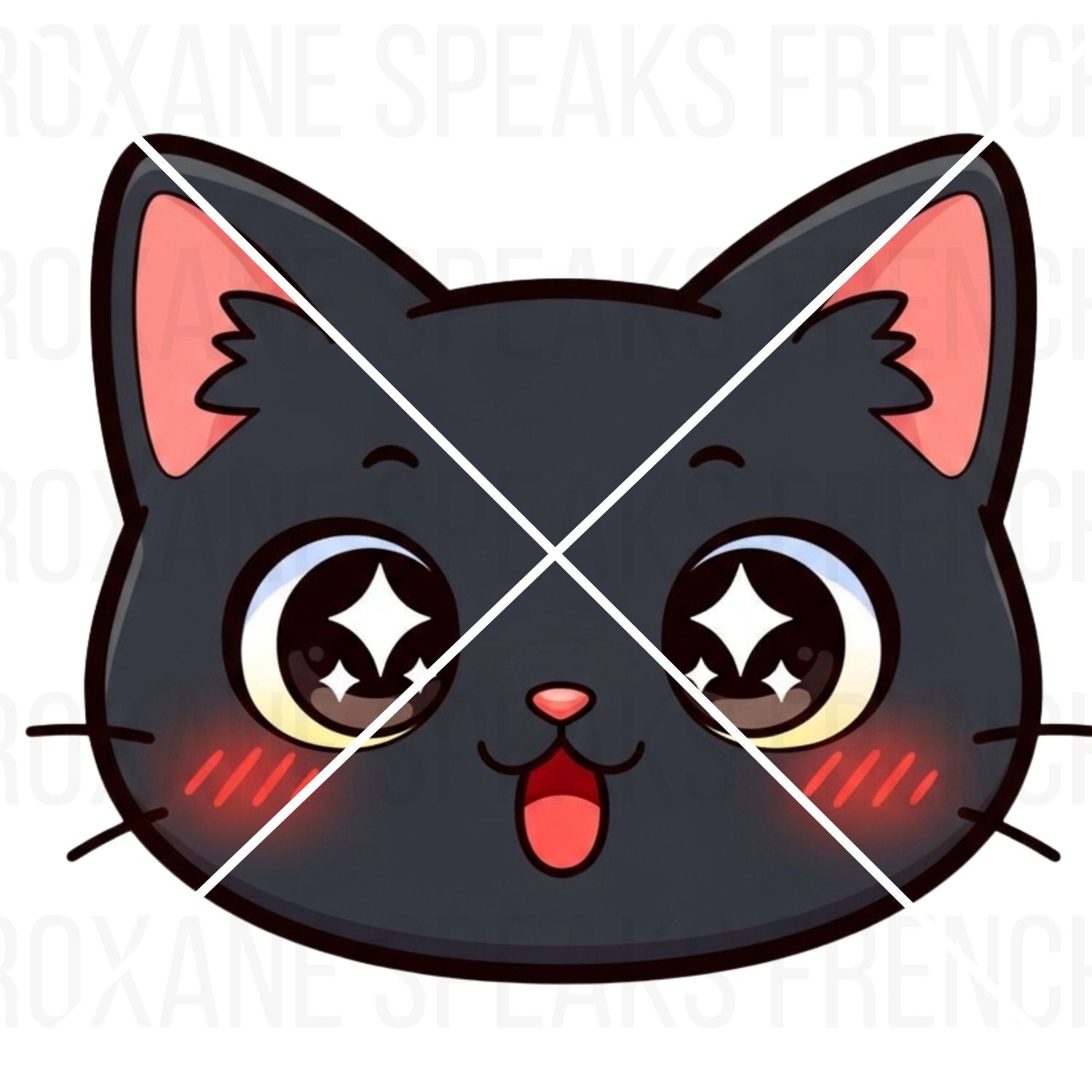Cartoon black cat face with crossed-out lines on a white background