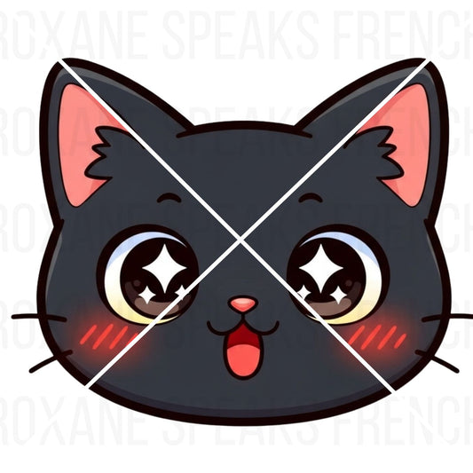 Cartoon black cat face with crossed-out lines on a white background