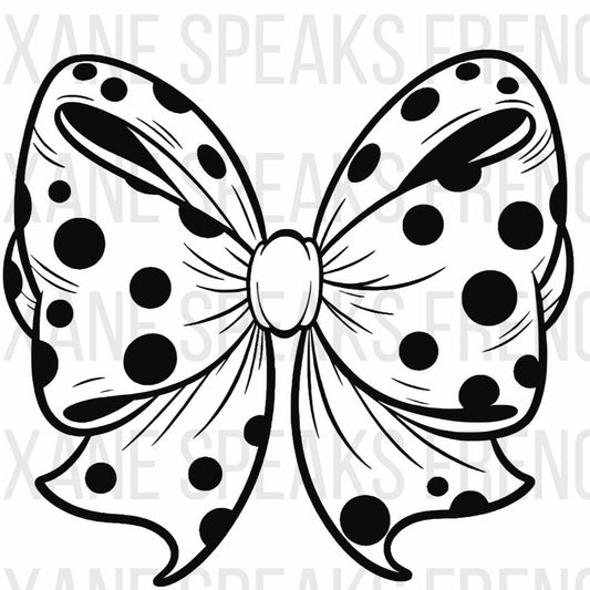 Black and white illustration of a large bow with polka dot patterns. The bow has detailed, flowing ribbon ends and is available in SVG .