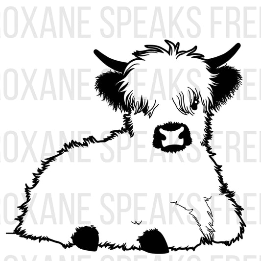 calf. The design features a fluffy, seated baby cow with long hair covering its face and short horns. 