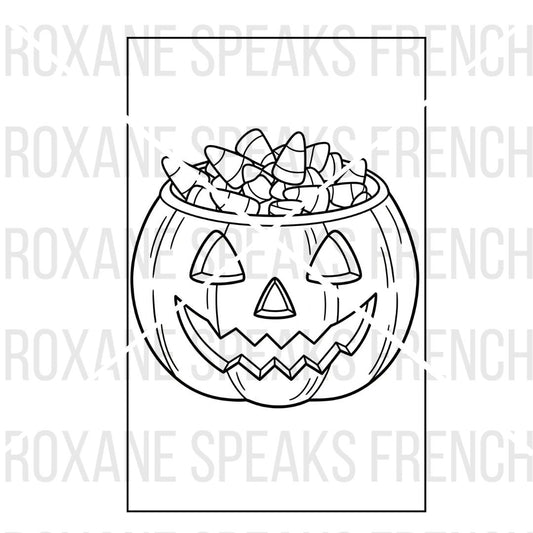Halloween coloring page featuring a black and white line drawing of a classic jack-o'-lantern with a happy, carved face. The pumpkin basket is overflowing with candy corn, ready for coloring.