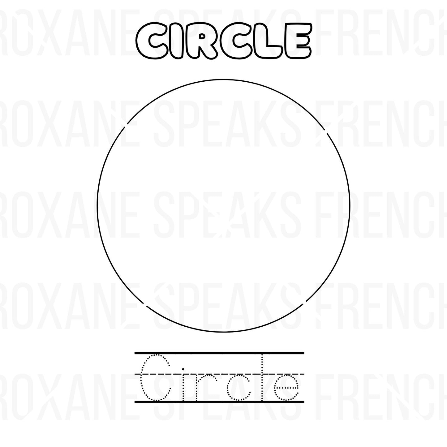 Printable circle tracing worksheet with a large circle outline, 'CIRCLE' in block letters to color, and 'Circle' in a traceable dotted font for writing practice