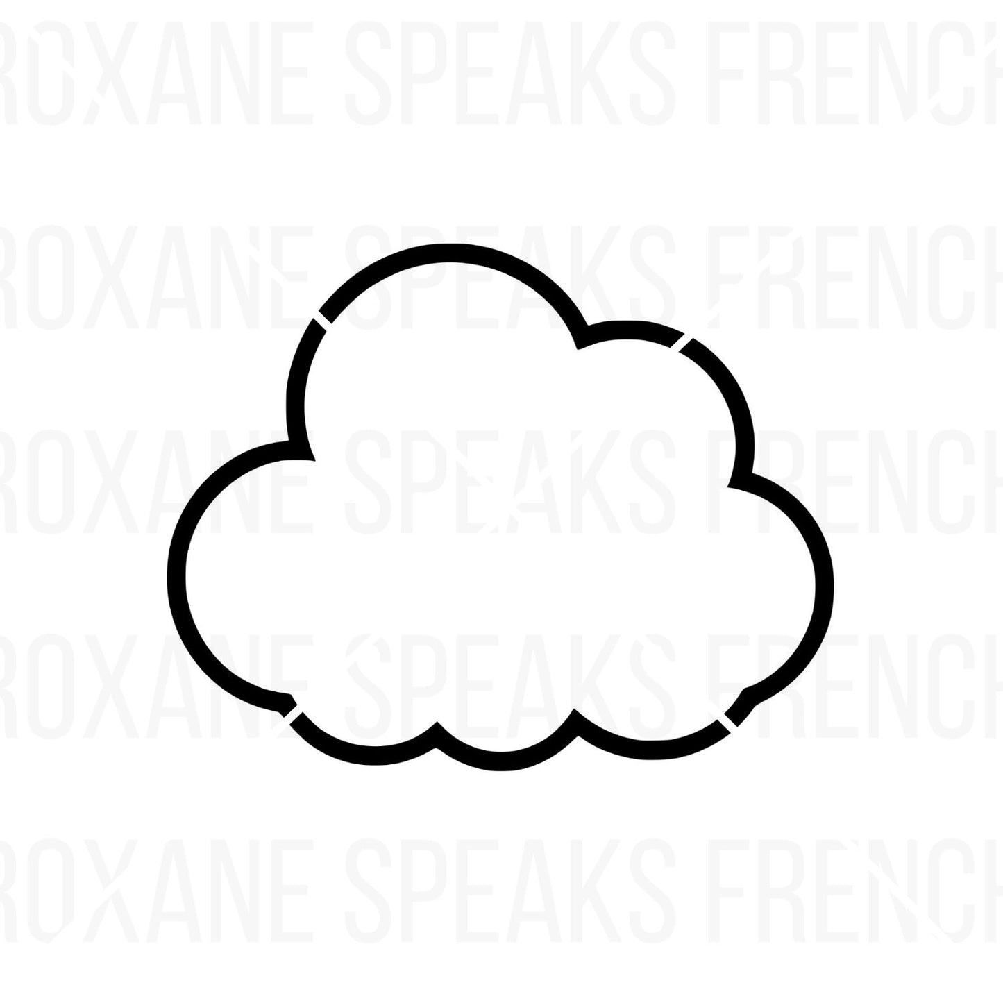 Printable coloring page featuring a bold black outline of a fluffy cumulus cloud on a white background with a faint watermark.