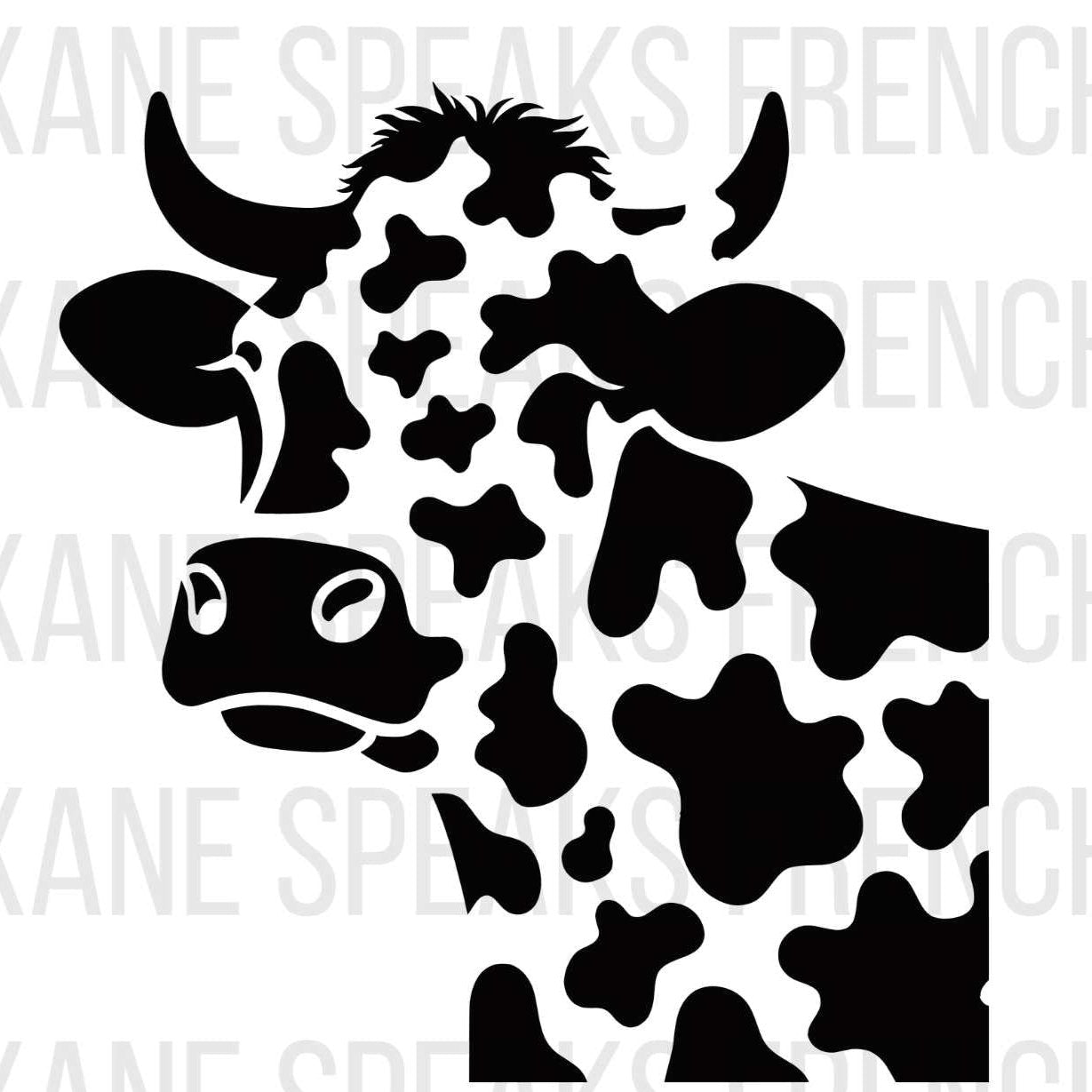 Bold cow head SVG featuring a detailed design, perfect for Cricut and Silhouette projects like farmhouse decor, t-shirts, and custom crafts