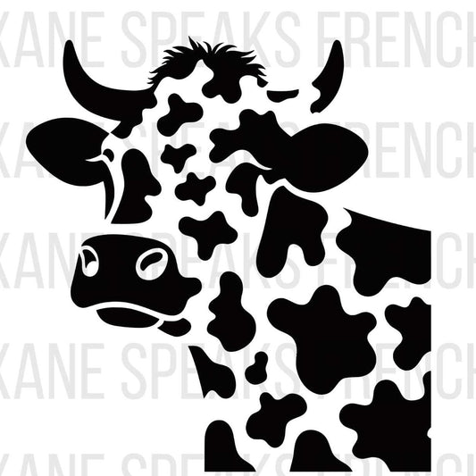 Bold cow head SVG featuring a detailed design, perfect for Cricut and Silhouette projects like farmhouse decor, t-shirts, and custom crafts