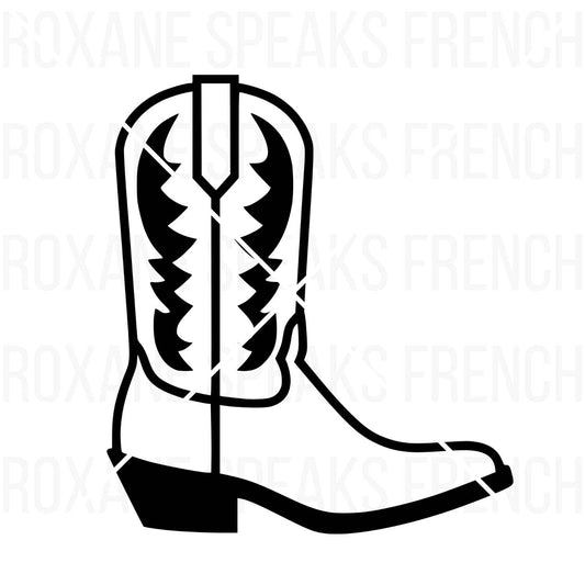 Detailed cowboy boot coloring page with a black outline, perfect for printable crafts, DIY art projects, and Western-themed activities.