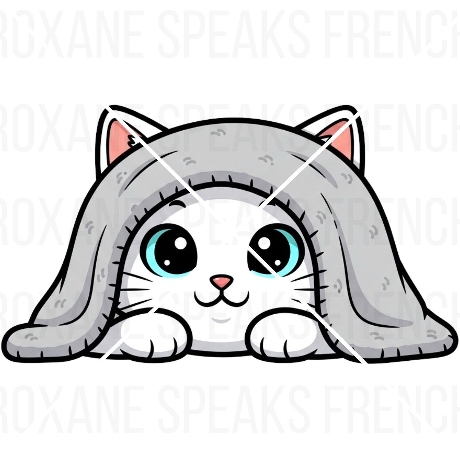 white cat under the grey blanket