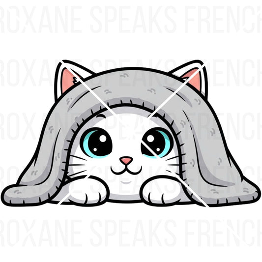 white cat under the grey blanket