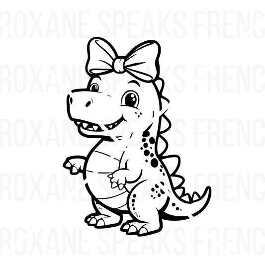 Adorable girl T-Rex SVG and clipart with a large bow, hand-drawn in black outline style for crafting and DIY projects