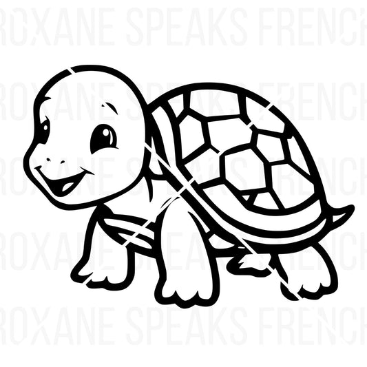 A cute cartoon turtle in a simple black and white SVG and PNG format, featuring a friendly expression and a detailed shell, designed for crafting and digital projects, with the watermark "Roxane Speaks French
