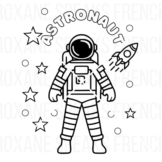 Cute astronaut coloring page featuring a cartoon astronaut floating in space with planets, stars, a rocket ship, and large outline 'SPACE' text