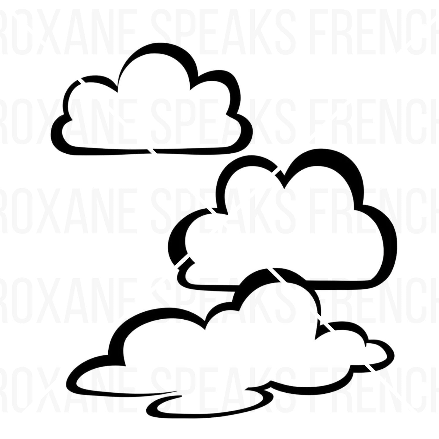 Printable coloring worksheet showing a trio of simple cloud illustrations for a kids' activity.