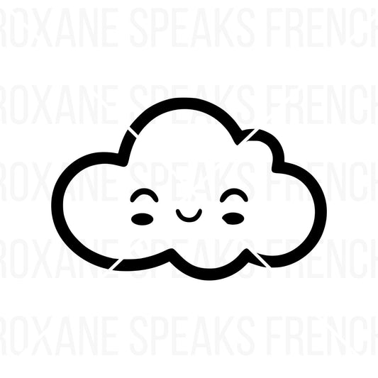 Coloring page featuring a kawaii-style cloud with a sweet smiling face and closed eyes. Bold black outline.