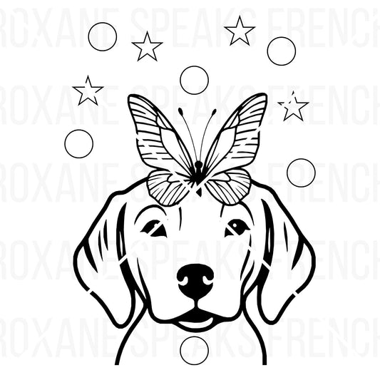 Printable dog day coloring page featuring a cute cartoon dog with a butterfly on its head, surrounded by outline stars and circles