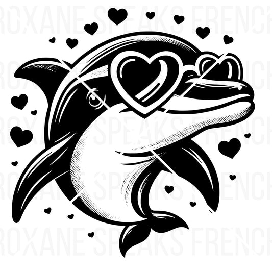 Black and white clipart of a playful dolphin wearing heart-shaped sunglasses, surrounded by small hearts. The design is bold and expressive, ideal for adding a whimsical touch to various crafting projects.