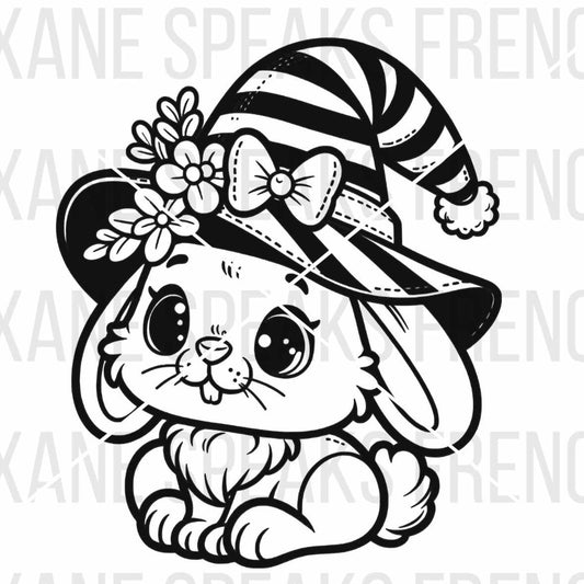Black and white illustration of a cute bunny wearing a striped Easter hat adorned with flowers and a bow, available in SVG.