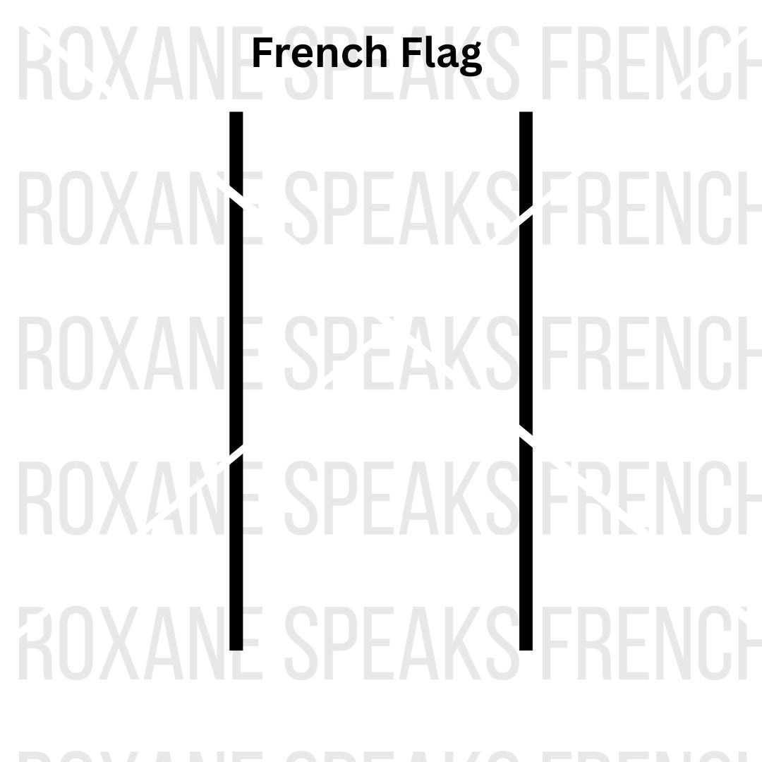 Text 'ROXANE SPEAKS FRENCH' with a minimalist design featuring two vertical black lines representing the french flag on a white background.