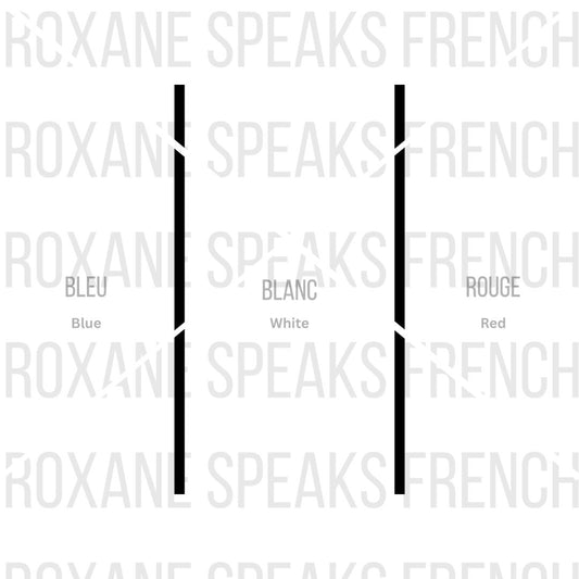 Three vertical lines labeled 'BLEU', 'BLANC', and 'ROUGE' french flag worksheet with 'ROXANE SPEAKS FRENCH' text.