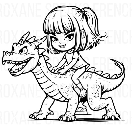 A whimsical black and white line art clipart of a little girl training a baby dragon. The girl has her hand out, and the small, cute dragon is looking up at her attentively.