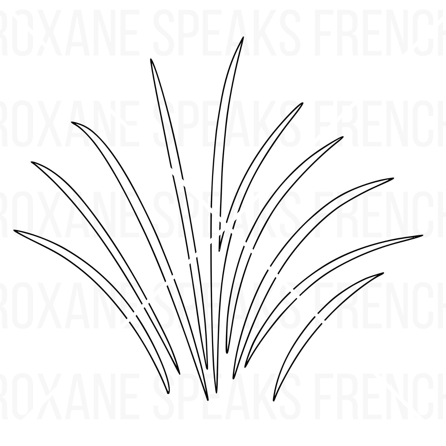 Black outline drawing of a tuft of grass with individual blades and small highlight details, suitable for coloring.