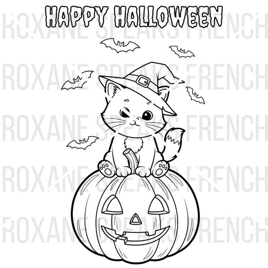 Cute Halloween cat coloring page—kitten with witch hat sitting on a jack-o’-lantern pumpkin, surrounded by bats and “Happy Halloween” message, printable PDF.
